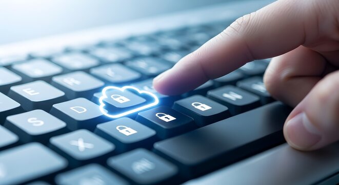 Securing the cloud a hand interacts with a keyboard highlighting a protected cloud icon