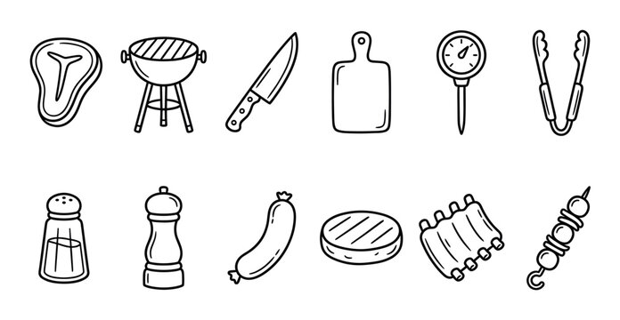Various hand-drawn barbecue and grilling icons are neatly arranged on a clean white background, showcasing essential tools and food items