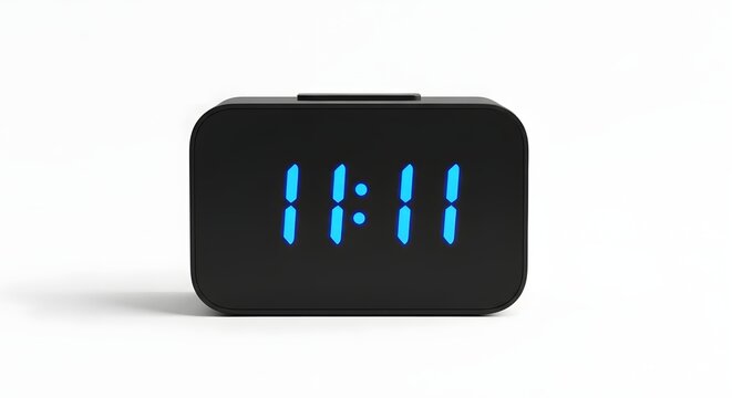 Modern black digital alarm clock displaying blue led numbers eleven.
