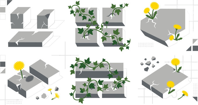 Isometric concrete blocks vector set with ivy vines and yellow dandelionsIsometric concrete blocks vector set with ivy vines and yellow dandelions