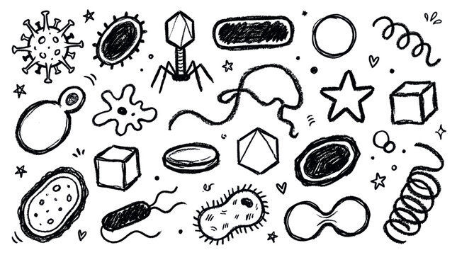 Various hand-drawn black and white microbes and abstract shapes create a playful, scientific doodle pattern on a clean white background