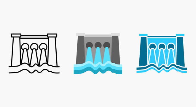 Hydropower Dam Energy Icon Set Outline and Flat Style Water Energy Collection