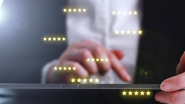 Businessperson reviews feedback on mobile device while surrounded by glowing star ratings at a desk in an office setting.