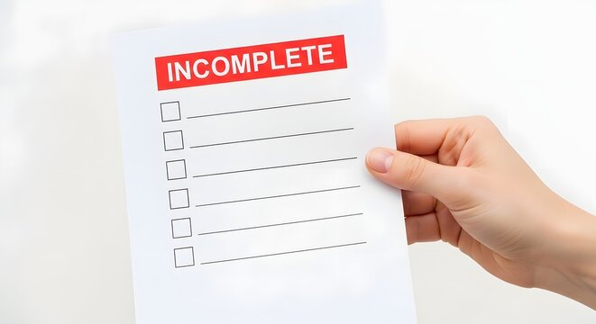 Person holding paper sheet with incomplete text and blank check list boxes.
