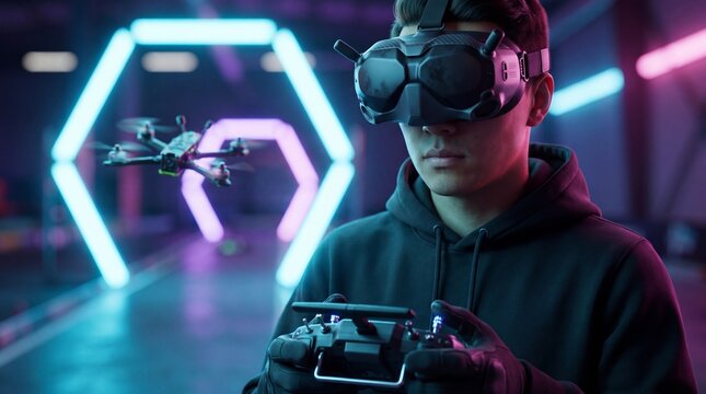 Professional FPV drone racing pilot wearing futuristic goggles and holding controller in illuminated neon indoor track