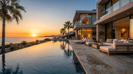 Fototapeta premium Luxury Infinity Pool Terrace Overlooking Modern Coastal Villa at Sunset