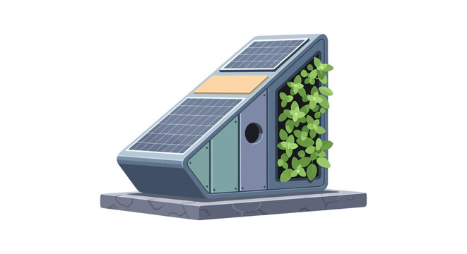 Modern eco friendly birdhouse with solar panels and plants.
