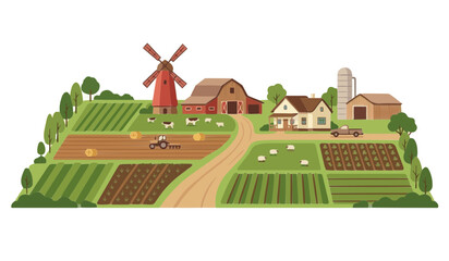 Rural farmland countryside landscape with barn windmill tractor fields and livestock vector illustration © MdSabbir