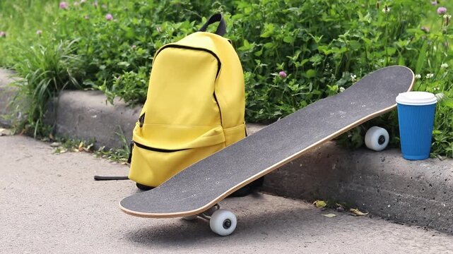 Yellow backpack, skateboard and coffee near the curb on a background of green grass. Concept of active lifestyle, youth recreation and summer vacation. Morning in the city, skateboard and coffee