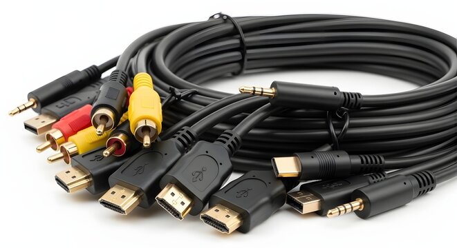 Selection of diverse audio video and usb computer cables coiled neatly.