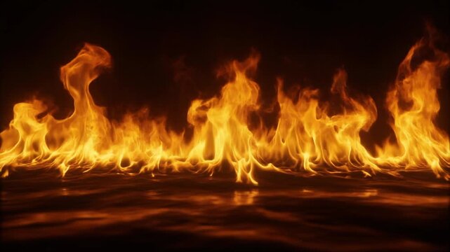 Intense and vibrant orange flames dance and flicker across a dark, reflective surface, creating a mesmerizing visual spectacle of heat and light