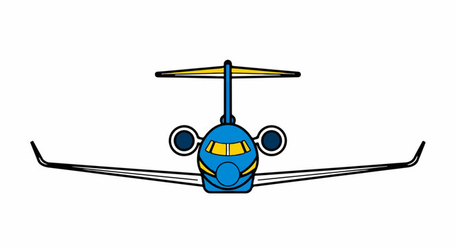 Blue and Yellow Private Jet Aircraft Front View Illustration.