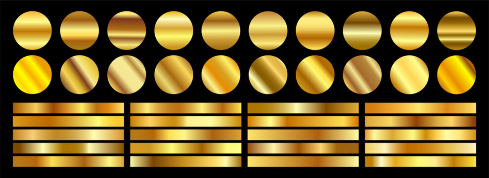 Elegant golden bright gradient swatches collection. Collection of different golden gradients