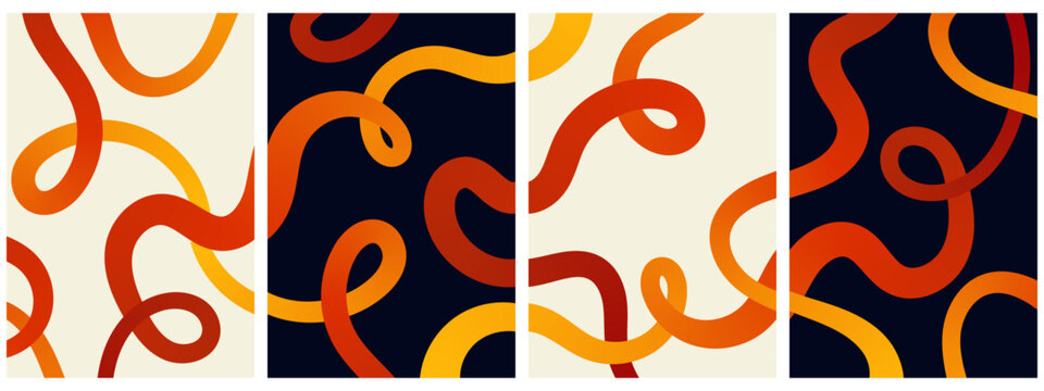 Abstract posters collection. Red and yellow gradient lines on a black and white background. Vector illustration.
