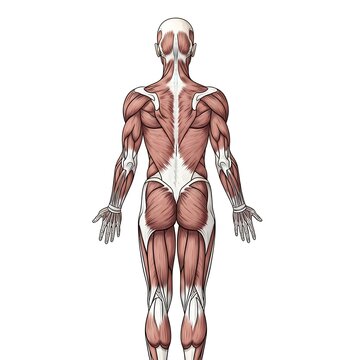 Anatomical diagram of human muscular system front view.
