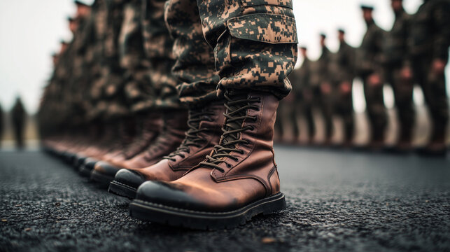Soldiers in camouflage uniforms stand in formation on the asphalt. A close up view of their leather military boots.