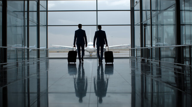 The silhouettes of two businessmen carrying suitcases peer through a large glass window at a plane taxiing on the runway inside the airport terminal.