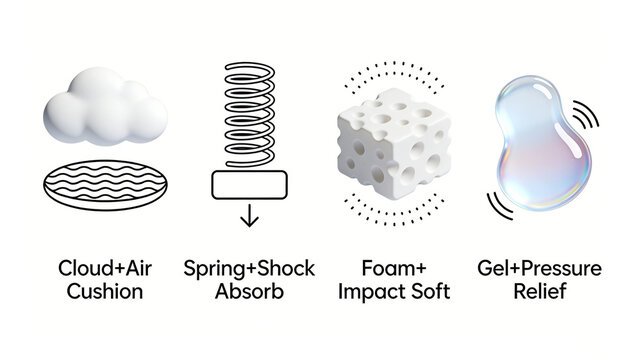 Display cloud air cushion, spring shock absorption and gel decompression, representing comfortable technology experience and the concept of using sedentary office and sports protection.
