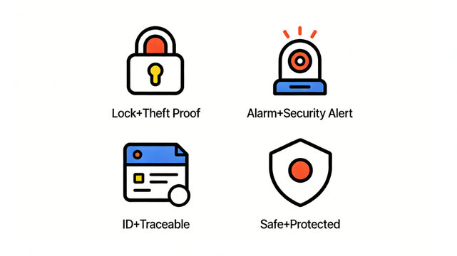Display anti-theft locks, alarm reminders, and traceable IDs, representing the concept of comprehensive security, valuable item storage, and travel safety protection.
