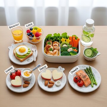 Colorful healthy meal prep containers with assorted foods.