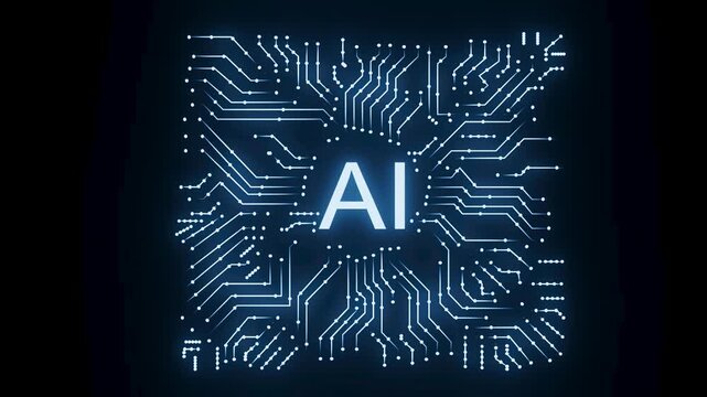 Circuit board design displays the letters AI in the center with glowing lines and patterns on a dark background.