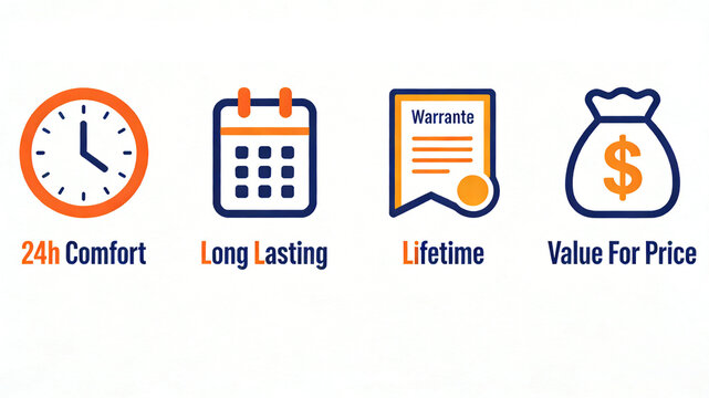 Showcasing 24-hour comfort, lifetime warranty, and high cost-effectiveness, representing the concept of high-quality products, consumer purchasing, and long-term use guarantee.

