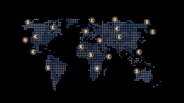 World currency map with symbols showing different monetary values across continents and countries at a certain point in time.
