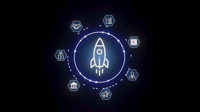 Rocket icon with surrounding symbols representing business concepts and technology, set against a dark background during a digital design.