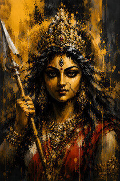 creative artistic golden and black modern abstract paint art of maa durga holding trishul