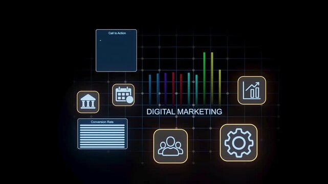 Digital marketing concepts are displayed with icons showing key elements like conversion rate and call to action.
