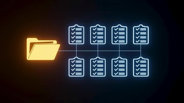 Visual representation of data organization and task management using folders and checklists on a dark background.