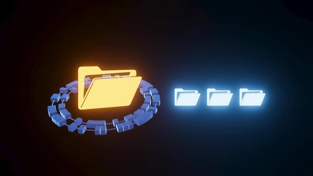 Digital file management system on a dark background with highlighted folder and smaller folders displayed.