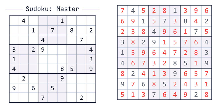 Sudoku puzzle with master level for advanced players with highlighted solutions  