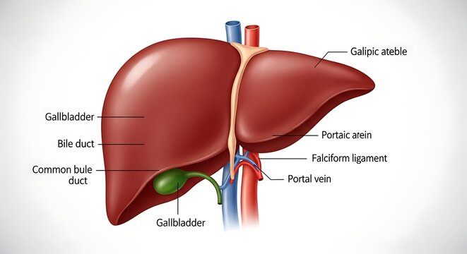 Anatomical diagram of human liver and gallbladder system.