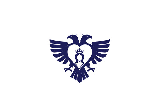 Double headed eagle emblem royal symbol with heart and crown elements