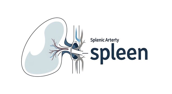 Medical illustration of human spleen with splenic artery.