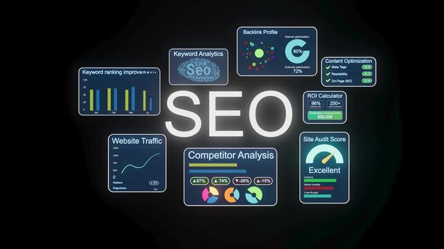 SEO tools show data and metrics for website performance and ranking improvements for online marketing strategies in a digital workspace.