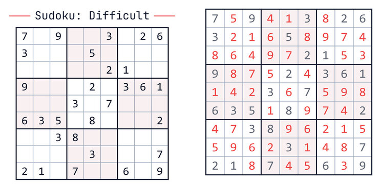 Sudoku puzzle grid with difficult challenges and solutions displayed  