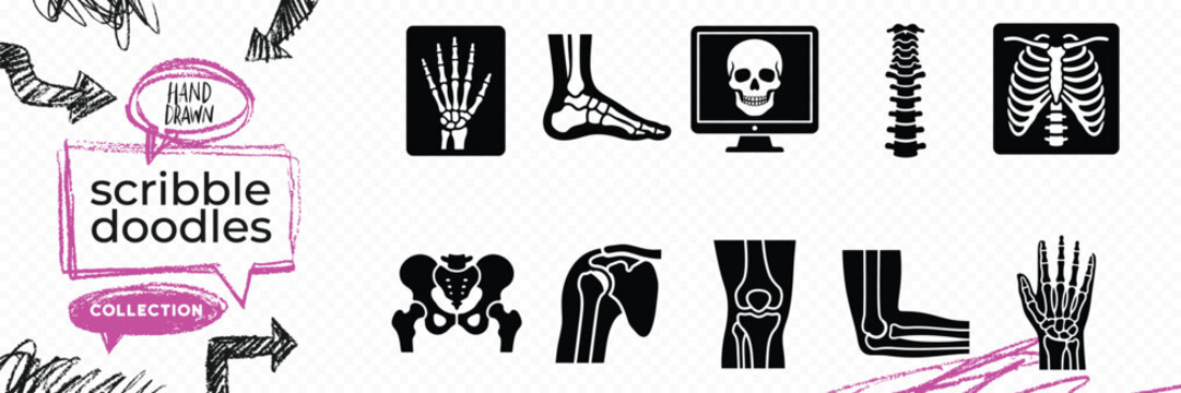 Black solid silhouette doodle vector set of human anatomy internal organs skeleton and xray bone scan