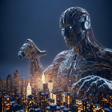 Giant mechanical humanoid robot standing over illuminated modern city skyline at night with intricate glowing circuit board patterns on metal body