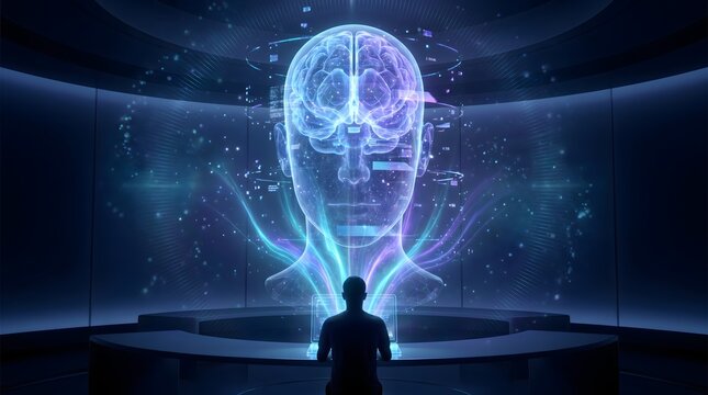 Futuristic AI Command Center with Holographic Brain Interface &mdash; Supercomputing and Data Intelligence Concept