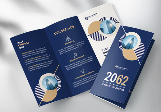 Corporate brochure design template &ndash; Professional modern tri-fold leaflet with geometric layout and business theme in Gold and Blue