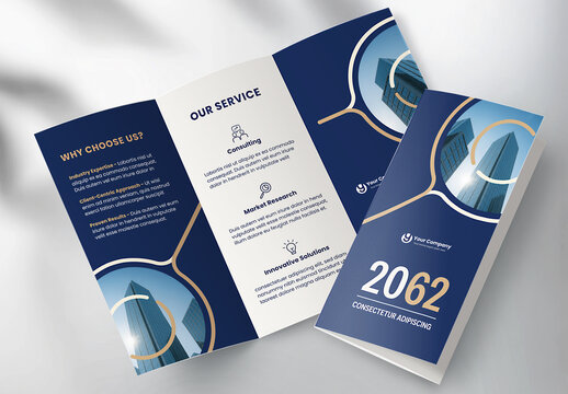 Corporate brochure design template &ndash; Professional modern tri-fold leaflet with geometric layout and business theme in Gold and Blue