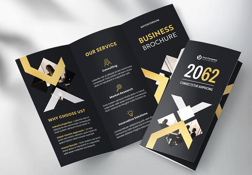 Corporate brochure design template &ndash; Professional modern tri-fold leaflet with geometric layout and business theme in Gold and Black