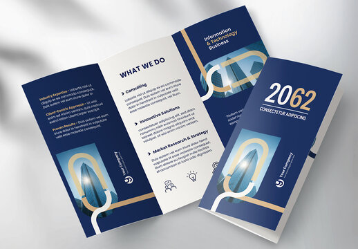 Corporate brochure design template &ndash; Professional modern tri-fold leaflet with geometric layout and business theme in Gold and Blue
