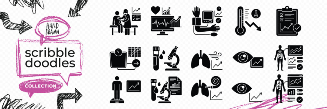 Black solid silhouette doodle vector set of human anatomy internal organs skeleton and xray bone scan