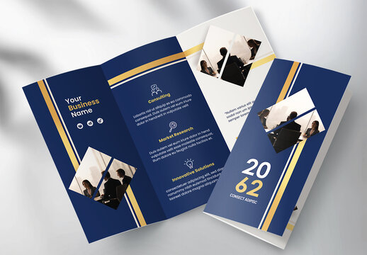 Corporate brochure design template &ndash; Professional modern tri-fold leaflet with geometric layout and business theme in Gold and Blue
