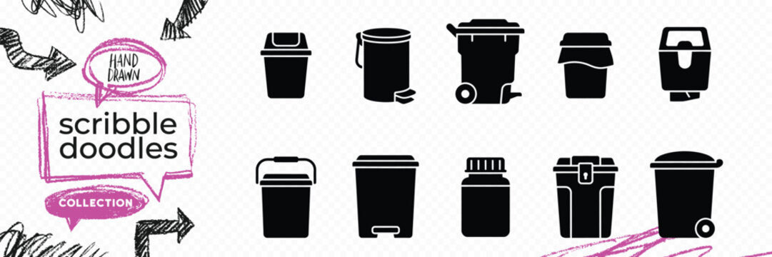 Black solid silhouette doodle vector set of trash cans biohazard waste bins and recycle garbage containers