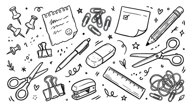 Various hand-drawn black and white stationery items are scattered across a clean white background, creating a playful doodle pattern