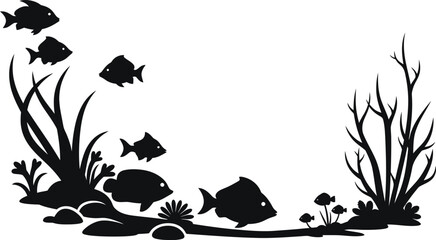 Fish Swimming in Ocean with Seaweed and Coral Reef Silhouette © Jawad
